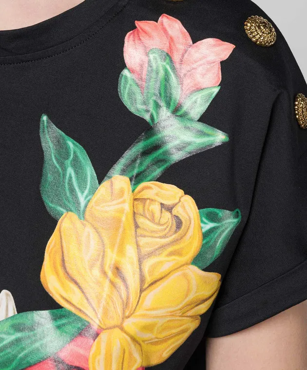 Balmain Black logo t-shirt with rose print