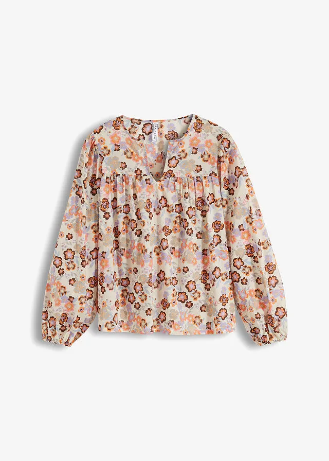 Blusa estampada de algodón orgánico Gris guijarro-naranja claro-café con leche-violeta claro de flores