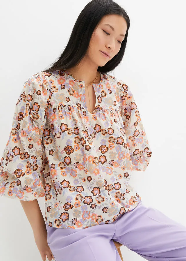 Blusa estampada de algodón orgánico Gris guijarro-naranja claro-café con leche-violeta claro de flores