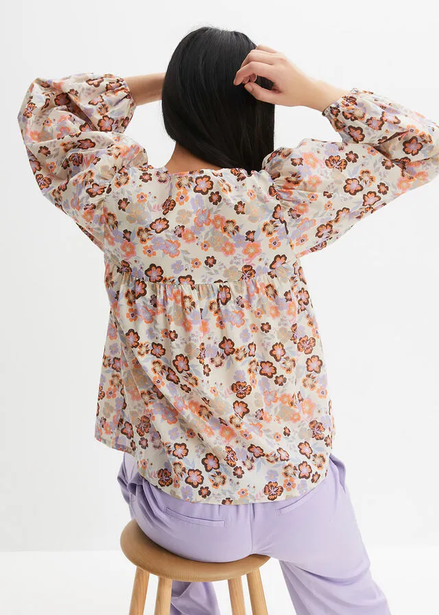 Blusa estampada de algodón orgánico Gris guijarro-naranja claro-café con leche-violeta claro de flores