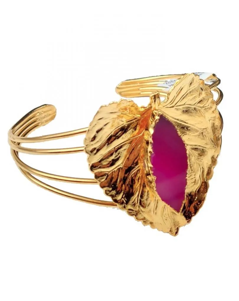 BRAZALETES PARA BODAS CON HOJAS DORADAS Y PIEDRA BUGAMBILIA