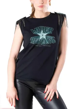 Camiseta Animosa Mujer rebelde negro con hombreras de mujer