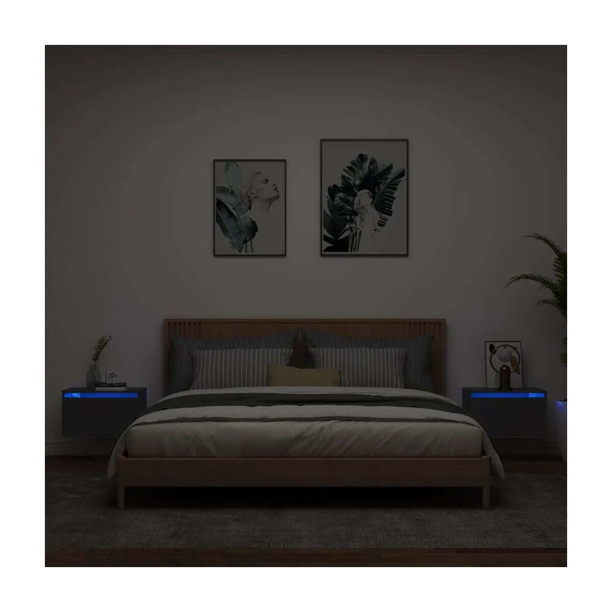 Mesitas de noche de pared con luces LED 2 unidades negro