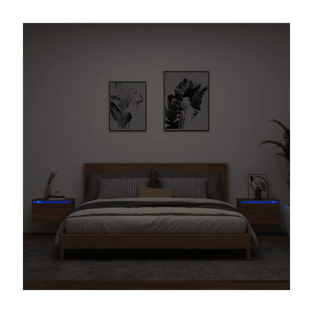 Mesitas de noche de pared con luces LED 2 unidades roble