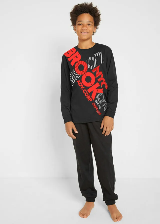 Pijama para niños (2 piezas) Negro-naranja neón
