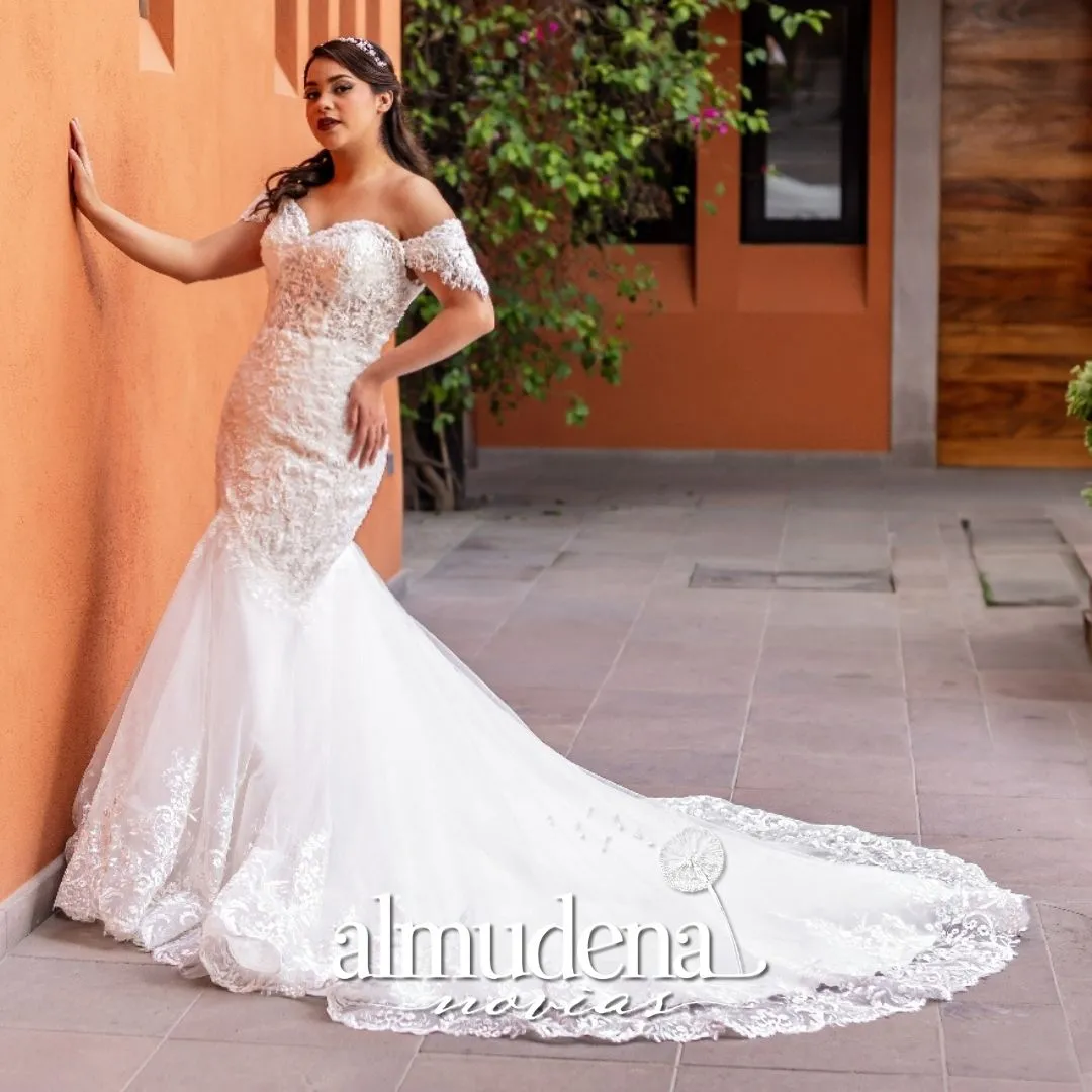 Vestido de Novia Corte Sirena Sin Hombros Encaje Bordado